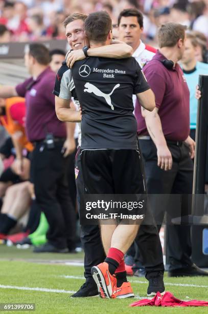 Head coach Hannes Wolf of Stuttgart celebrate their win during the Second Bundesliga match between VfB Stuttgart and FC Wuerzburger Kickers at...