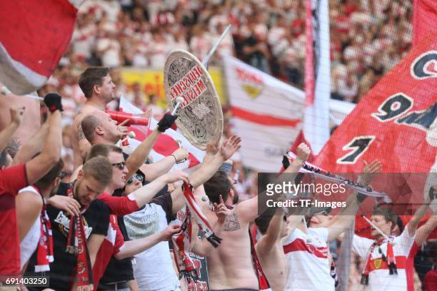 Fans of Stuttgart during the Second Bundesliga match between VfB Stuttgart and FC Wuerzburger Kickers at Mercedes-Benz Arena on May 21, 2017 in...