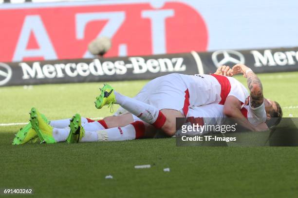 Daniel Gincek of Stuttgart and Simon Terodde of Stuttgart celebrate their win during the Second Bundesliga match between VfB Stuttgart and FC...