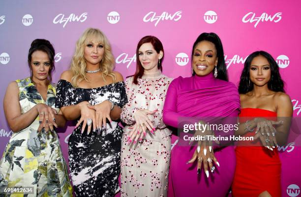 Judy Reyes, Jenn Lyon, Carrie Preston, Niecy Nash and Karrueche Tran attend the premiere of TNT's 'Claws' at Harmony Gold Theatre on June 1, 2017 in...