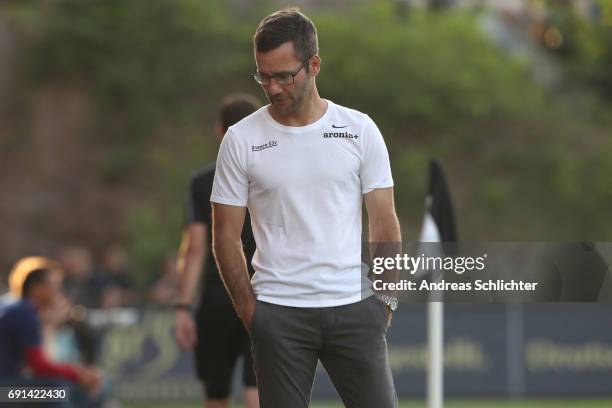 Coach Michael Wiesinger of Elversberg during the Third League Playoff leg two match between SV Elversberg and SpVgg Unterhaching at Ursapharmarena on...