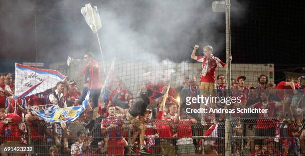 Fans of Unterhaching during the Third League Playoff leg two match between SV Elversberg and SpVgg Unterhaching at Ursapharmarena on May 31, 2017 in...