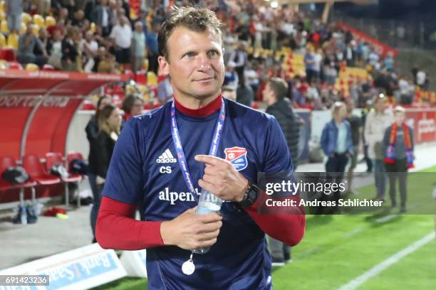 Coach Claus Schromm of Unteraching celebrate during the Third League Playoff leg two match between SV Elversberg and SpVgg Unterhaching at...