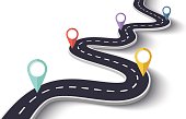 Winding Road on a White Isolated Background with Pin Pointers