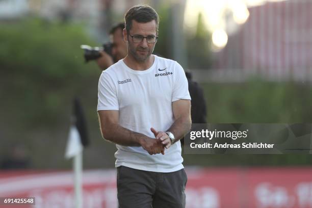 Coach Michael Wiesinger of Elversberg during the Third League Playoff leg two match between SV Elversberg and SpVgg Unterhaching at Ursapharmarena on...