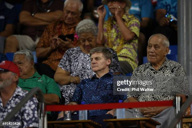 New Zealand Prime Minister Bill English watches the game during the round 15 Super Rugby match between the Blues and the Reds at Apia Park National...