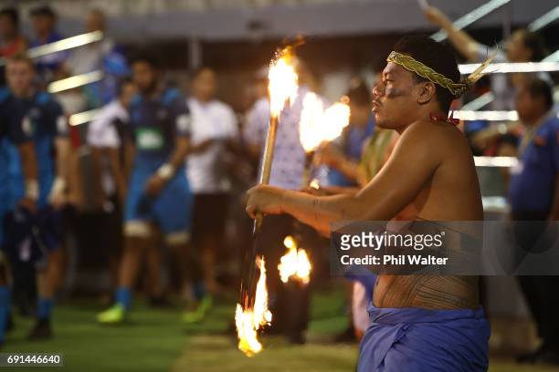 The Blues walk out onto the field during the round 15 Super Rugby match between the Blues and the Reds at Apia Park National Stadium on June 2, 2017...