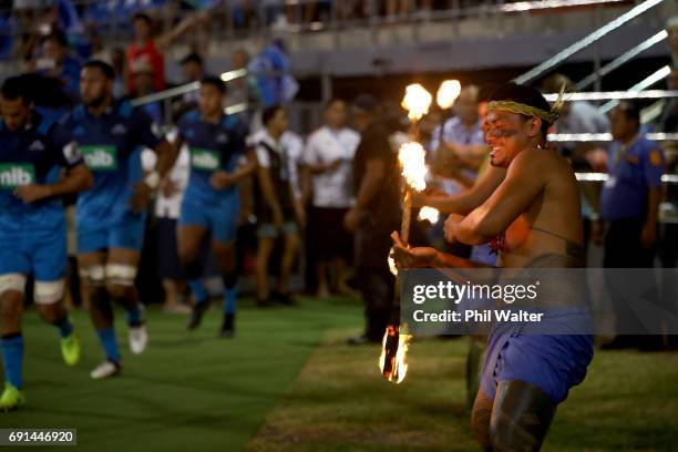 The Blues walk out onto the field during the round 15 Super Rugby match between the Blues and the Reds at Apia Park National Stadium on June 2, 2017...