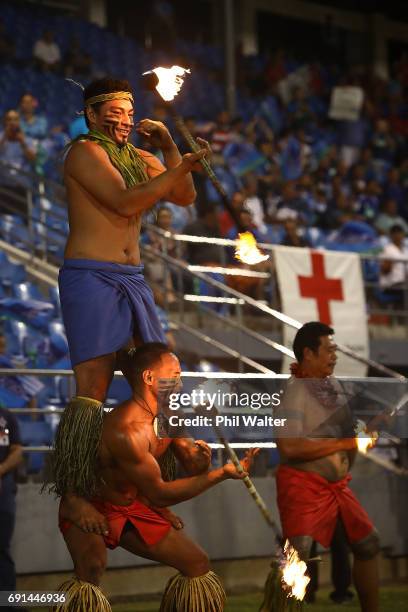 Fire dancers during the round 15 Super Rugby match between the Blues and the Reds at Apia Park National Stadium on June 2, 2017 in Apia, Samoa.