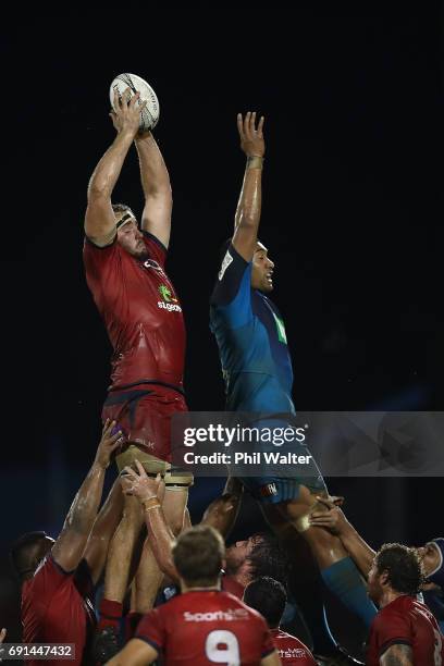 Isack Rodda of the Reds takes the ball in the lineout during the round 15 Super Rugby match between the Blues and the Reds at Apia Park National...