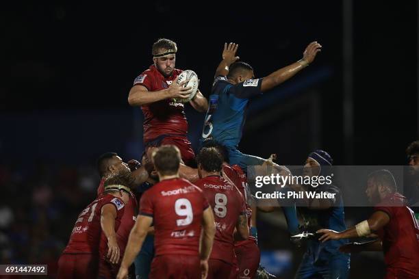 Isack Rodda of the Reds takes the ball in the lineout during the round 15 Super Rugby match between the Blues and the Reds at Apia Park National...