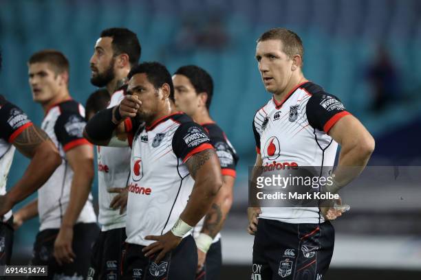 Ryan Hoffman of the Warriors looks dejected after an Eels try during the round 13 NRL match between the Parramatta Eels and the New Zealand Warriors...