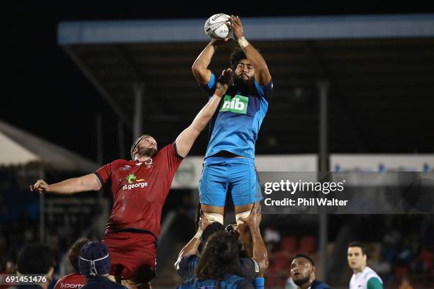 Akira Ioane of the Blues takes the ball in the lineout during the round 15 Super Rugby match between the Blues and the Reds at Apia Park National...