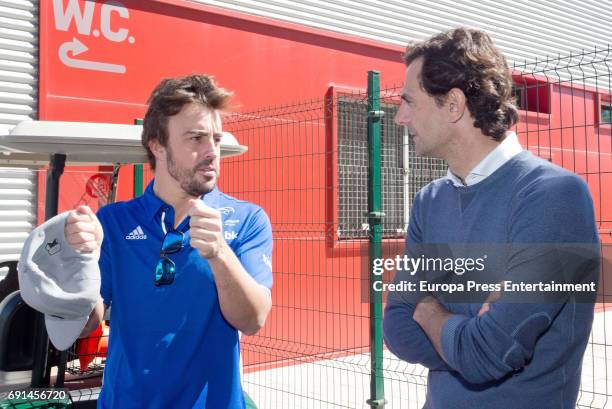 Spanish F1 driver Fernando Alonso and Pedro de la Rosa attend the Spanish Kart Racing at Fernando Alonso circuit on May 6, 2017 in Asturias, Spain.