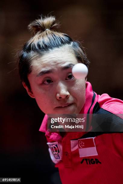 Tianwei Feng of Singapore competes during Women Single eight finals at Table Tennis World Championship at Messe Duesseldorf on June 2, 2017 in...