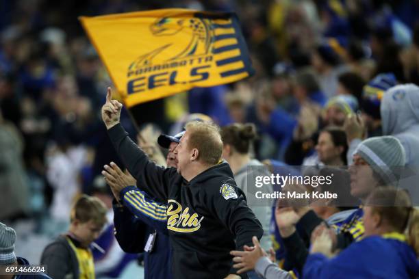 Eels supporters celebrate a try during the round 13 NRL match between the Parramatta Eels and the New Zealand Warriors at ANZ Stadium on June 2, 2017...
