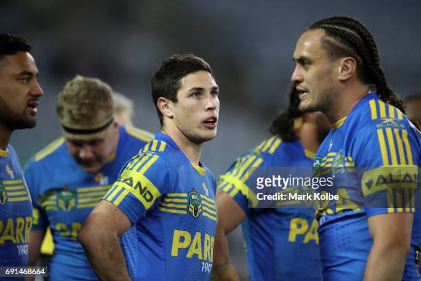 Mitch Moses of the Eels looks dejected after a Warriors try during the round 13 NRL match between the Parramatta Eels and the New Zealand Warriors at...