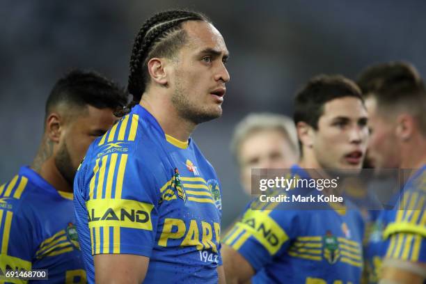 Tepai Moeroa of the Eels looks dejected after a Warriors try during the round 13 NRL match between the Parramatta Eels and the New Zealand Warriors...