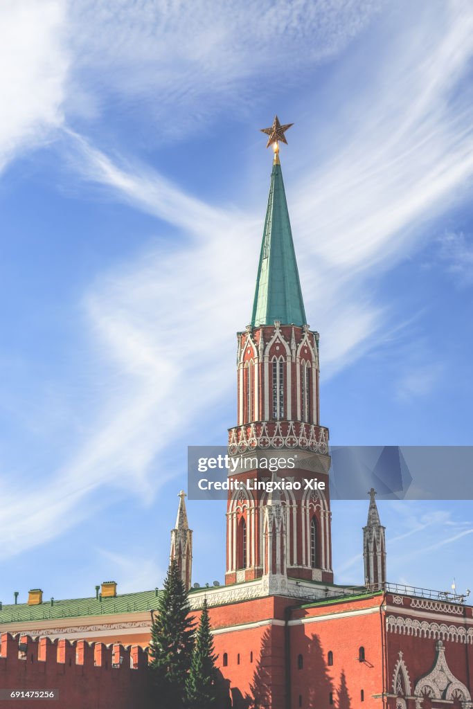 Kremlin Nikolskaya tower on Red Square in Moscow, Russia