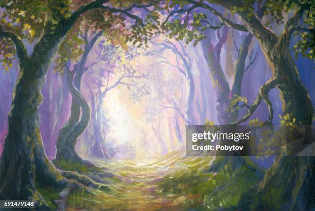 stockillustraties, clipart, cartoons en iconen met raadselachtige bos, olieverfschilderij - forest