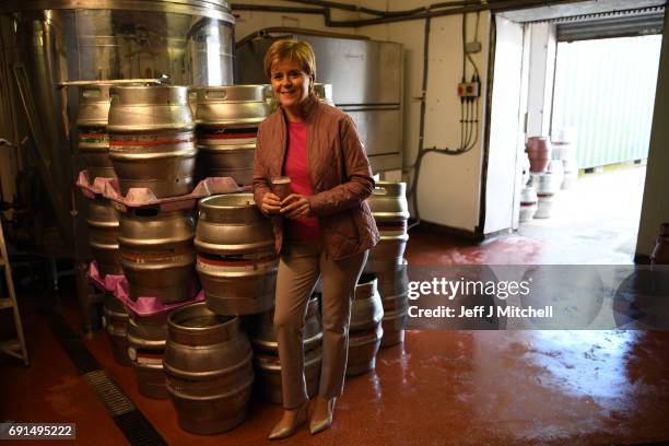 Leader Nicola Sturgeon has a pint of beer while taking a tour of Kelburn Brewery while campaigning for the General Election on June 2, 2017 in...