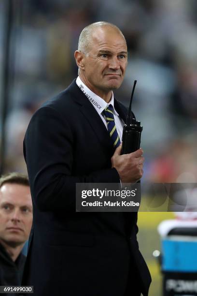 Eels coach Brad Arthur watches on from the bench during the round 13 NRL match between the Parramatta Eels and the New Zealand Warriors at ANZ...