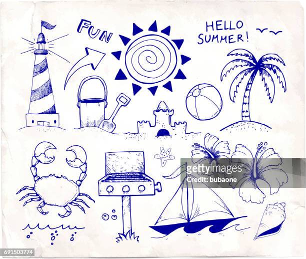 beach and summer vector pen sketches on white paper - sport set stock illustrations