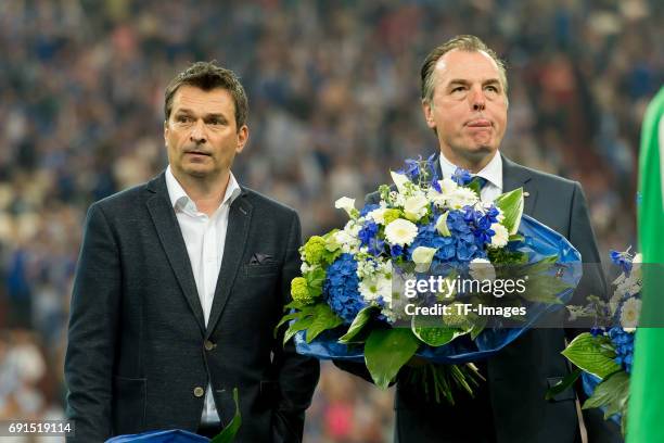 Christian Heidel of Schalke and Clemens Toennies looks on during to the Bundesliga match between FC Schalke 04 and Hamburger SV at Veltins-Arena on...