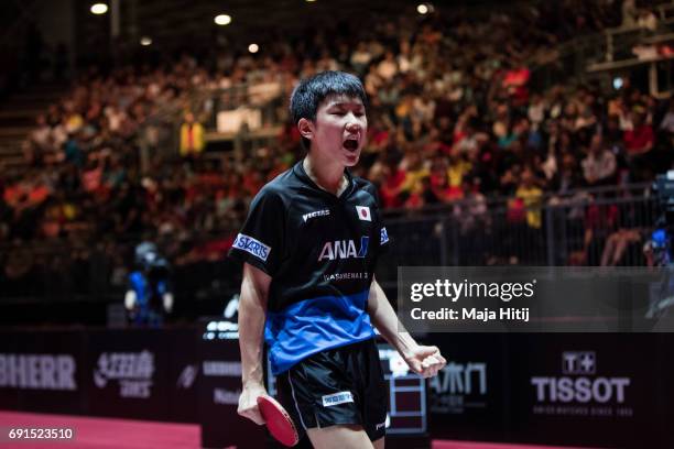 Tomokazu Harimoto of Japan celebrates during Men's Singles at Table Tennis World Championship at Messe Duesseldorf on June 2, 2017 in Dusseldorf,...