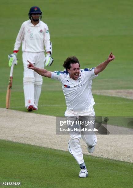 Ryan Sidebottom of Yorkshire celebrates taking the wicket of Luke Proctor of Lancashire during Day One of the Specsavers County Championship Division...