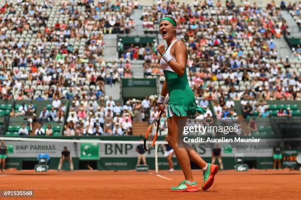 Kristina Mladenovic of France reacts during her Women's single match against Shelby Rogers of the United states of America on day six of the 2017...