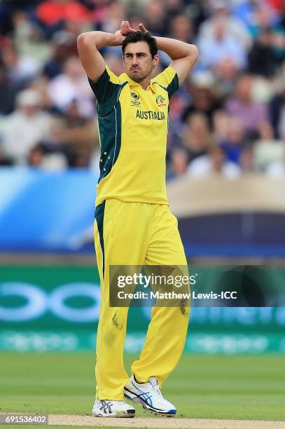 Mitchell Starc of Australia looks on during the ICC Champions Trophy match between Australia and New Zealand at Edgbaston on June 2, 2017 in...