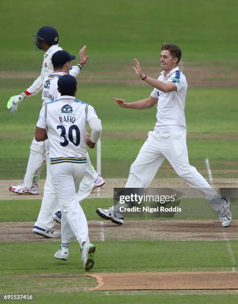 Ben Coad of Yorkshire celebrates taking the wicket of Haseeb Hameeb of Lancashire during Day One of the Specsavers County Championship Division One...