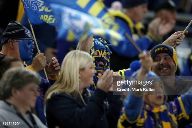 Eels supporters cheer during the round 13 NRL match between the Parramatta Eels and the New Zealand Warriors at ANZ Stadium on June 2, 2017 in...