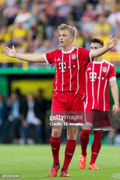 Felix Goetze of Munich gestures during the U19 German Championship Final match between U19 Borussia Dortmund and U19 Bayern Muenchen at Signal Iduna...