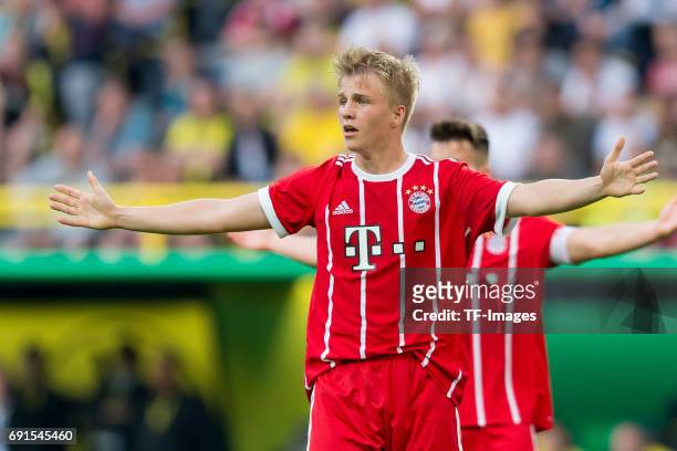 Felix Goetze of Munich gestures during the U19 German Championship Final match between U19 Borussia Dortmund and U19 Bayern Muenchen at Signal Iduna...