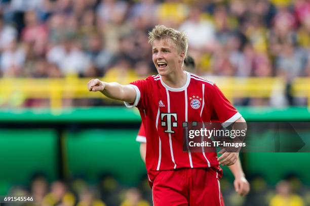 Felix Goetze of Munich gestures during the U19 German Championship Final match between U19 Borussia Dortmund and U19 Bayern Muenchen at Signal Iduna...