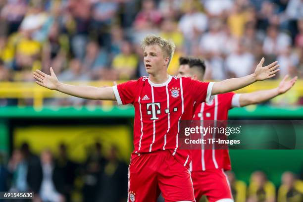 Felix Goetze of Munich gestures during the U19 German Championship Final match between U19 Borussia Dortmund and U19 Bayern Muenchen at Signal Iduna...