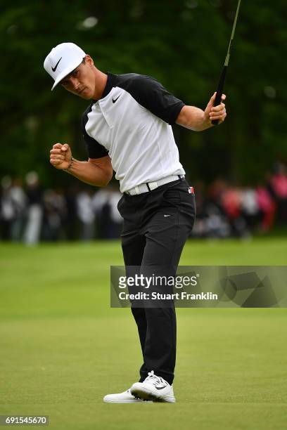Thorbjorn Olesen of Denmark celebrates holing a putt during the second round of The Nordea Masters at Barseback Golf & Country Club on June 2, 2017...