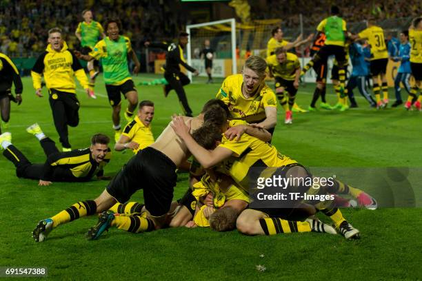 The U19 team of Borussia Dortmund celebrates the Championship win after the final whistle during the U19 German Championship Final match between U19...