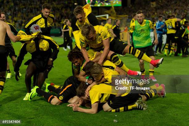 The U19 team of Borussia Dortmund celebrates the Championship win after the final whistle during the U19 German Championship Final match between U19...