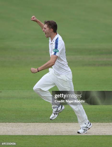 Ben Coad of Yorkshire celebrates taking the wicket of Haseeb Hameeb of Lancashire during Day One of the Specsavers County Championship Division One...