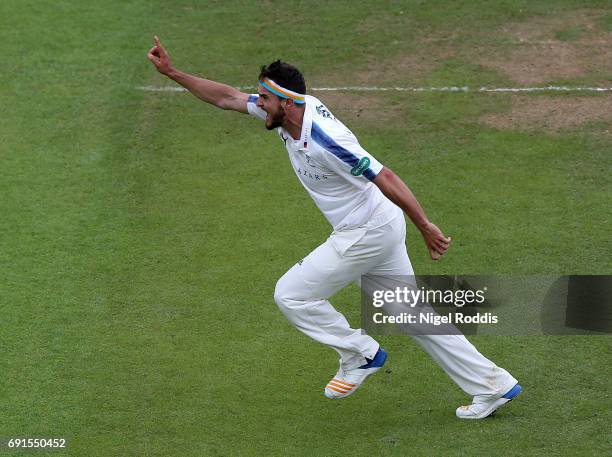 Jack Brooks of Yorkshire celebrates with taking the wicket of Jordan Clark of Lancashire during Day One of the Specsavers County Championship...