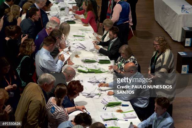 Vote counting begins for the Fine Gael Leadership election 2017, at the National Count Centre, Maison House in central Dublin on June 2 with...