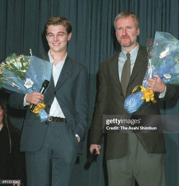 Film director James Cameron and actor Leonardo DiCaprio attend the 'Titanic' Japan Premiere at Bunkamura Orchard Hall on November 1, 1997 in Tokyo,...