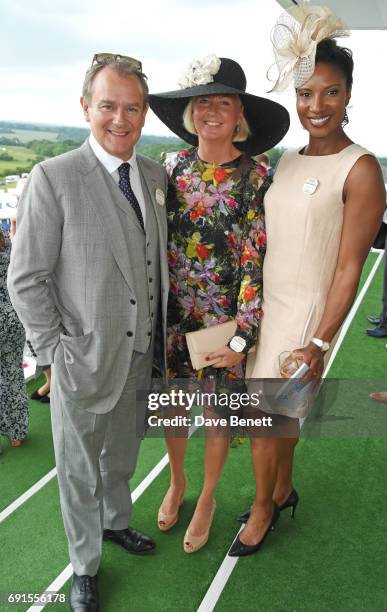 Hugh Bonneville, Lulu Williams and Denise Lewis attend Ladies Day of the 2017 Investec Derby Festival at The Jockey Club's Epsom Downs Racecourse at...