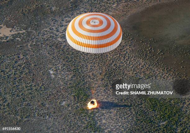 The Soyuz MS-03 space capsule carrying the International Space Station crew of Russian cosmonaut Oleg Novitskiy and French astronaut Thomas Pesquet...