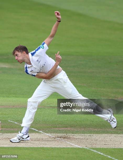 Ben Coad of Yorkshire in action during Day One of the Specsavers County Championship Division One match between Yorkshire and Lancashire at...