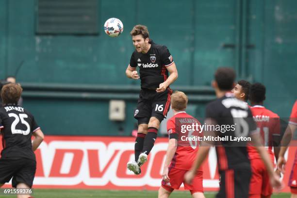 Patrick Mullins of D.C. United heads the ball looks on during a MLS Soccer game against the Chicago Fire at RFK Stadium on May 20, 2017 in...