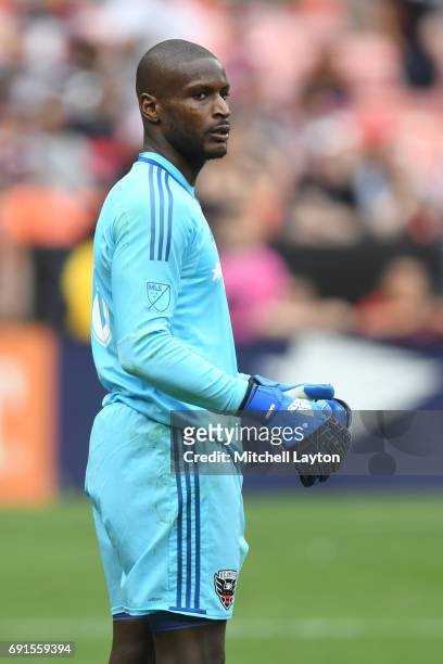 Bill Hamid of D.C. United looks on during a MLS Soccer game against the Chicago Fire at RFK Stadium on May 20, 2017 in Washington, DC. The Fire won...